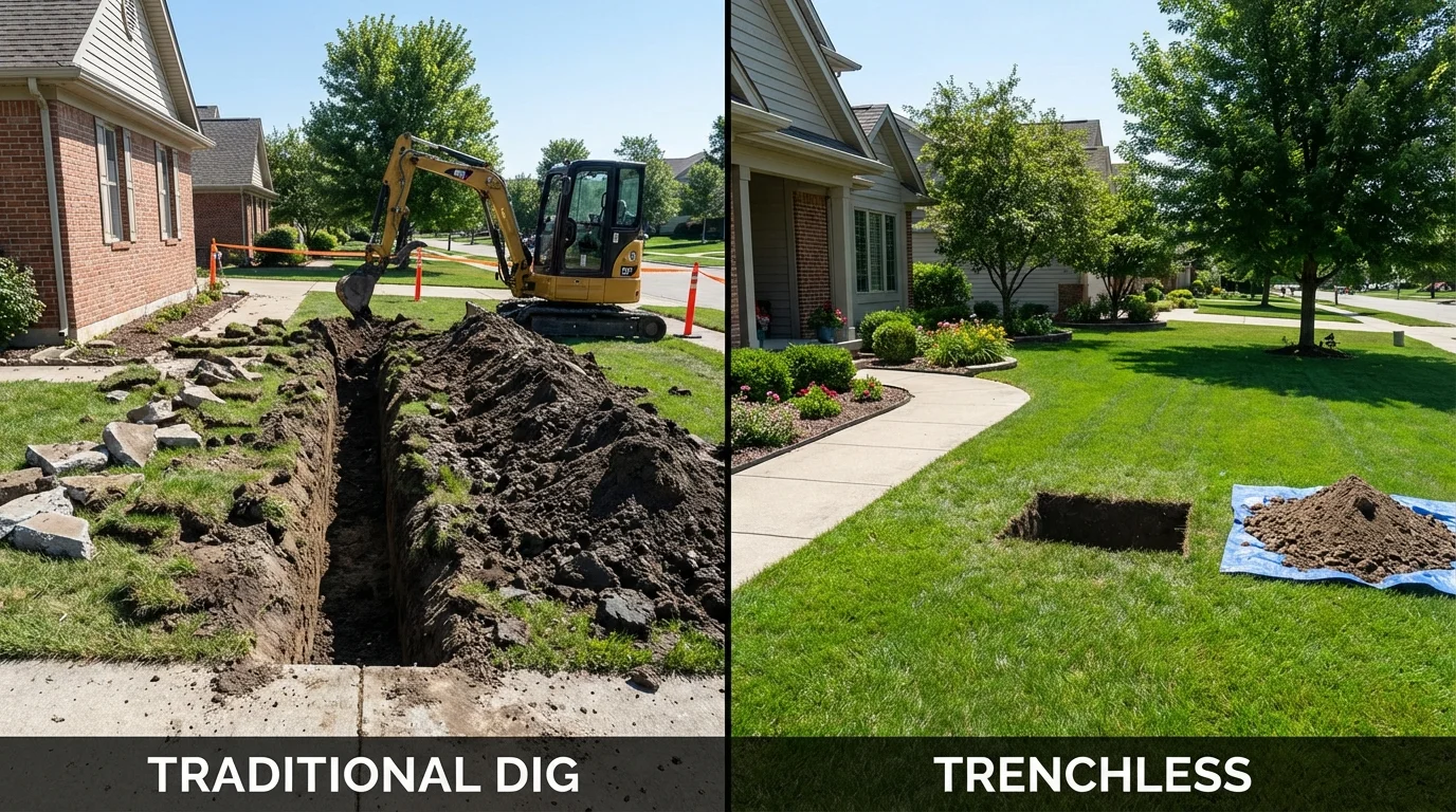 Trenchless sewer repair with minimal yard damage versus traditional excavation in Bement, IL